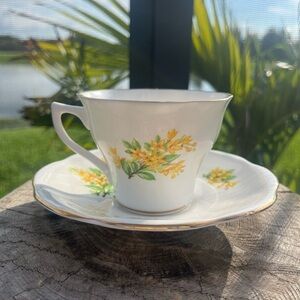 Heathcote Bone Cup & Saucer Yellow Floral Pattern England